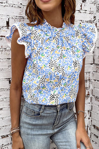 Women's Sky Blue Abstract High Neck Top with Flutter Sleeves - Chic Summer Style for Effortless Fashion