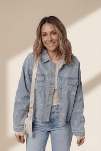 Women's Sky Blue Bow Print Raw Hem Denim Jacket