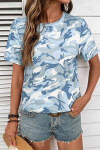 
Women's Sky Blue Camouflage Crew Neck Tee in Tops & Tees
