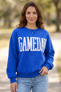 Sky Blue GAMEDAY Embroidered Patch Pattern Casual Shift Sweatshirt