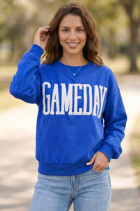 Sky Blue GAMEDAY Embroidered Patch Pattern Casual Shift Sweatshirt