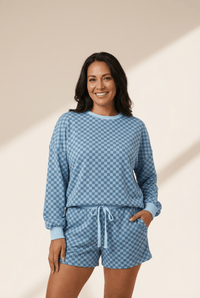 Women's Sky Blue Checkerboard Long Sleeve Top and Shorts Set with practical styling and dependable silhouette control.