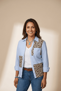 Women's Sky Blue Cotton Striped Leopard Patchwork Blouse