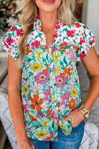 
Women's Sky Blue Floral Flutter Sleeve Button Blouse