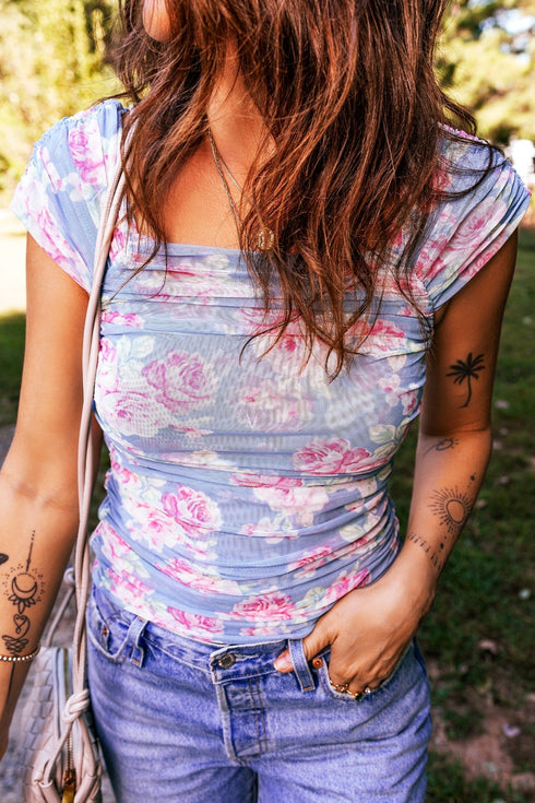 Women's Sky Blue Floral Mesh Top for Women - Square Neck, Cap Sleeve, Ruched Design for a Flattering Fit