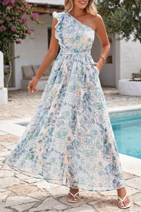 Women's Sky Blue Floral One-Shoulder Maxi Dress with Ruffles - Ideal for Summer Vacations and Beach Outings