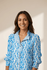 Women's Sky Blue Floral Ruffle Button-Down Shirt with Smocked Cuffs