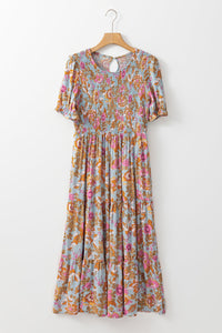 Sky Blue Floral Bubble Sleeve Smocked Flowy Ruffle Dress