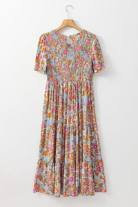 Sky Blue Floral Bubble Sleeve Smocked Flowy Ruffle Dress