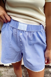 Women's Sky Blue Gingham Cotton-Blend Boxer Shorts with Lace Trim