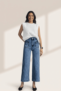 Women's Sky Blue High-Rise Patch Pocket Straight Leg Jeans