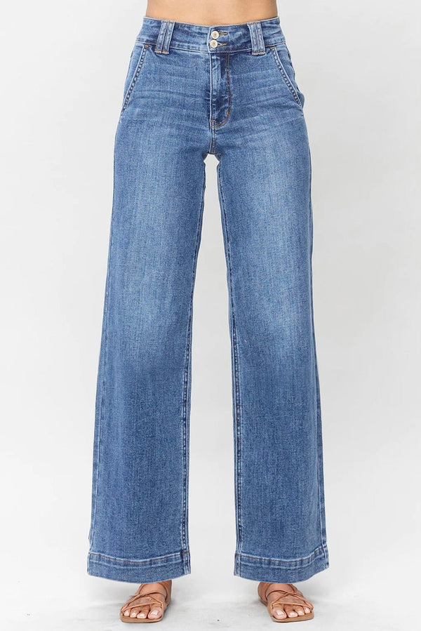 Women's Sky Blue High-Waist Wide-Leg Jeans with Double Button