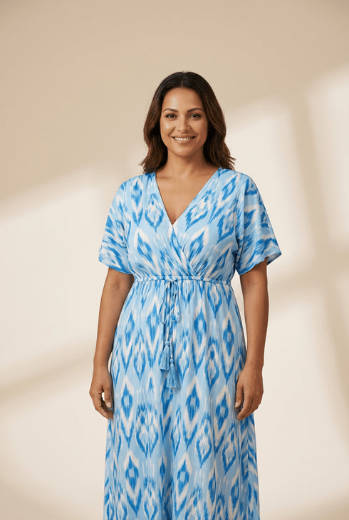 Women's Sky Blue Ikat Abstract Print Maxi Dress with Tassel Waist