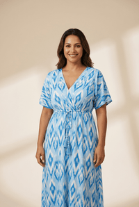 Women's Sky Blue Ikat Abstract Print Maxi Dress with Tassel Waist