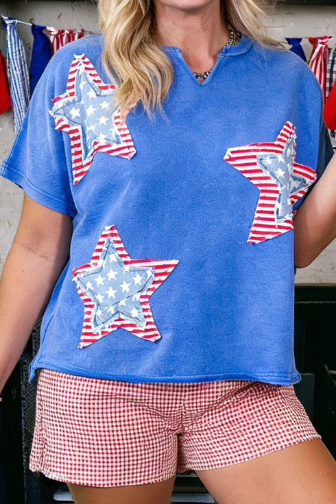 Women's Sky Blue Mineral Washed Tee with Patriot Star Patch - Trendy Casual Top with Notched Neck for Effortless Style