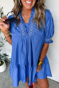 Women's Sky Blue Smocked Mini Dress with Embroidered Puff Sleeves
