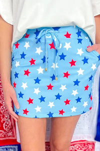 Women's Sky Blue Patriotic Star Beaded Mini Skort with Drawstring – Trendy Summer Casual Wear for Fun Outings