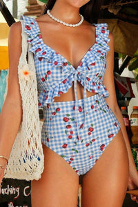 women's sky blue plaid cherry print high waist monokini with ruffle trim and tie front cutout for a stylish beach look with practical styling and