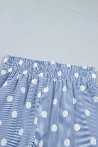 Sky Blue Polka Dot Print Shirred High Waist Casual Shorts