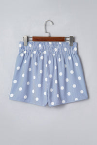 Sky Blue Polka Dot Print Shirred High Waist Casual Shorts