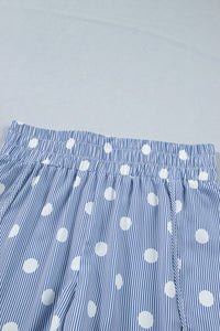 Sky Blue Polka Dot Print Shirred High Waist Casual Shorts