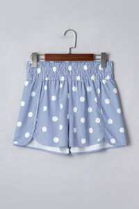 Sky Blue Polka Dot Print Shirred High Waist Casual Shorts