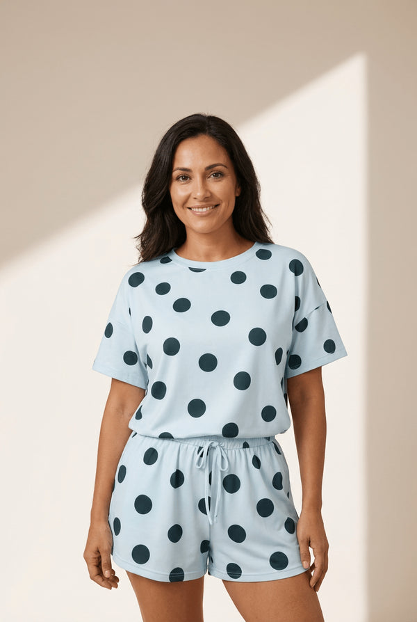 Women's Sky Blue Polka Dot Tee and Drawstring Shorts Lounge Set