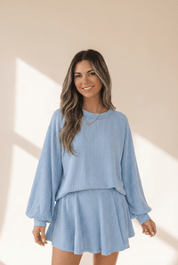 Women's Sky Blue Ribbed Knit Two-Piece Skirt Set with Lantern Sleeves