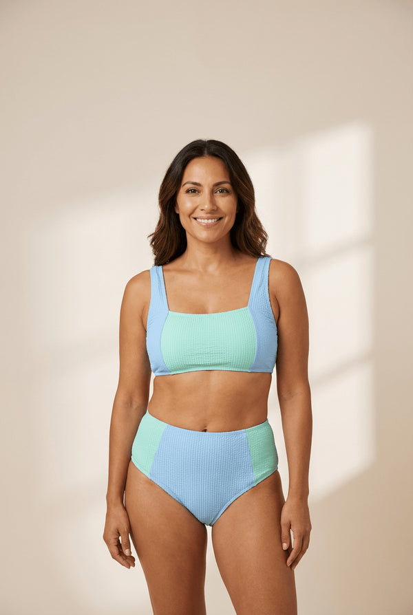 Women's Sky Blue Seersucker Colorblock High-Waist Bikini