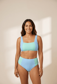 Women's Sky Blue Seersucker Colorblock High-Waist Bikini