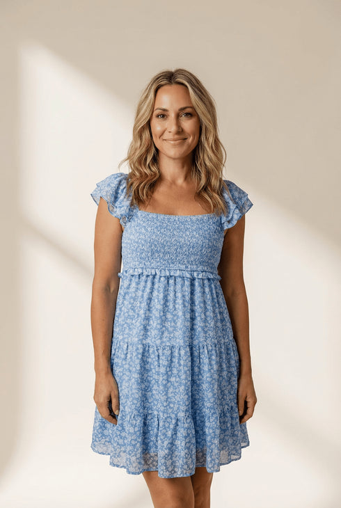 Women's Sky Blue Smocked Floral Mini Dress with Flutter Sleeves