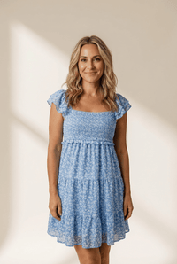 Women's Sky Blue Smocked Floral Mini Dress with Flutter Sleeves