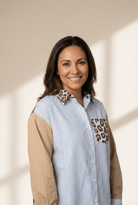 Women's Sky Blue Striped Colorblock Shirt with Leopard Patchwork