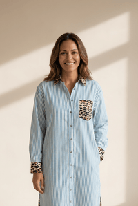 Women's Sky Blue Striped Leopard Patchwork Midi Shirt Dress