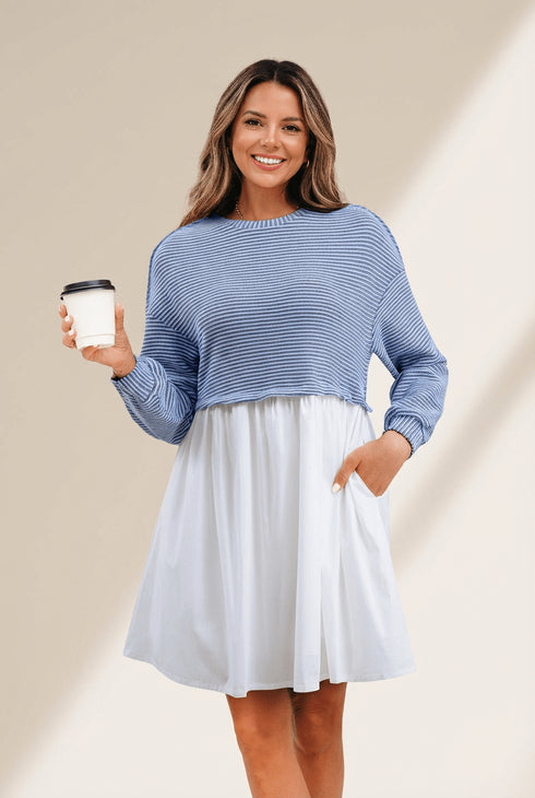 Women's Sky Blue Striped Patchwork Mini Dress with Pockets