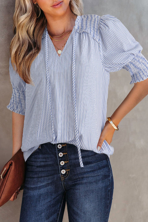 Women's Sky Blue Striped Puff Sleeve Blouse with Shirred Detailing