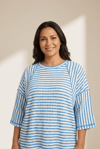Women's Sky Blue Striped Relaxed Knit Top with Raglan Sleeves