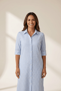 Women's Sky Blue Striped Seersucker Maxi Shirt Dress