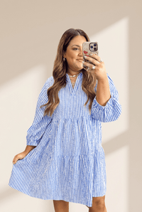 Women's Sky Blue Striped Seersucker Tiered Mini Dress
