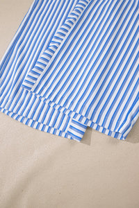 Sky Blue Stripe Drawstring Elastic Waist Patch Pocket Wide Leg Ankle-length Pants