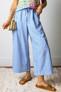 
Women's Sky Blue Striped Wide Leg Ankle Pants with Drawstring Waist and Pockets for Effortless Comfort and Style