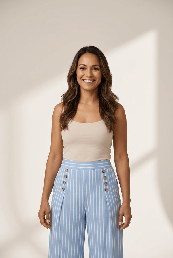 Women's Sky Blue Striped Wide-Leg Pants with Button Detail