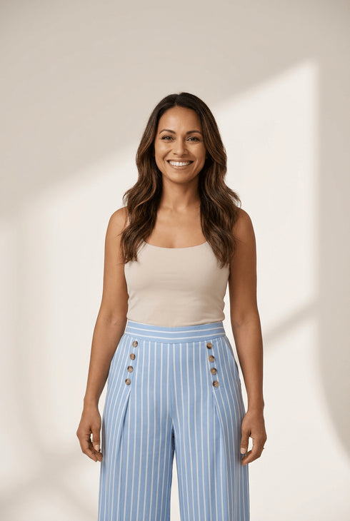 Women's Sky Blue Striped Wide-Leg Pants with Button Detail