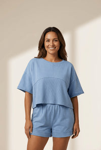 Women's Sky Blue Textured Patchwork 2-Piece Short Set