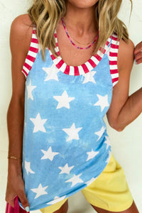 Women's Sky Blue Tie-Dye Star Print Casual Tank Top with Striped Trim – Trendy Sleeveless Summer Essential