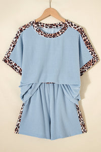 Sky Blue Leopard Trim Twist Ribbed Short Set