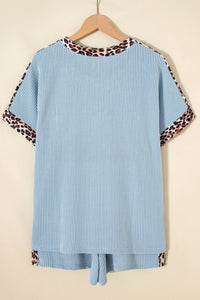 Sky Blue Leopard Trim Twist Ribbed Short Set