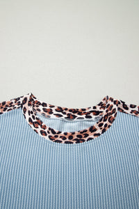Sky Blue Leopard Trim Twist Ribbed Short Set