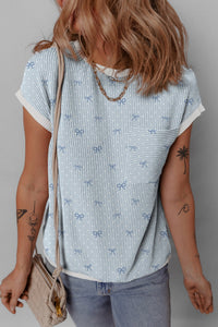 Women's Sky Blue Ribbed Bow Print Tee with Contrast Trim