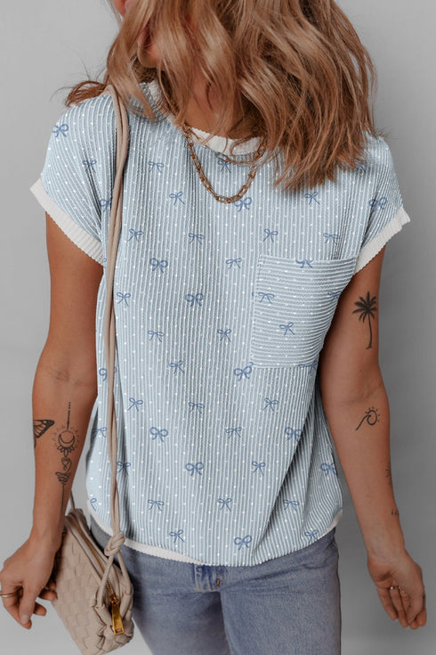 Women's Sky Blue Ribbed Bow Print Tee with Contrast Trim